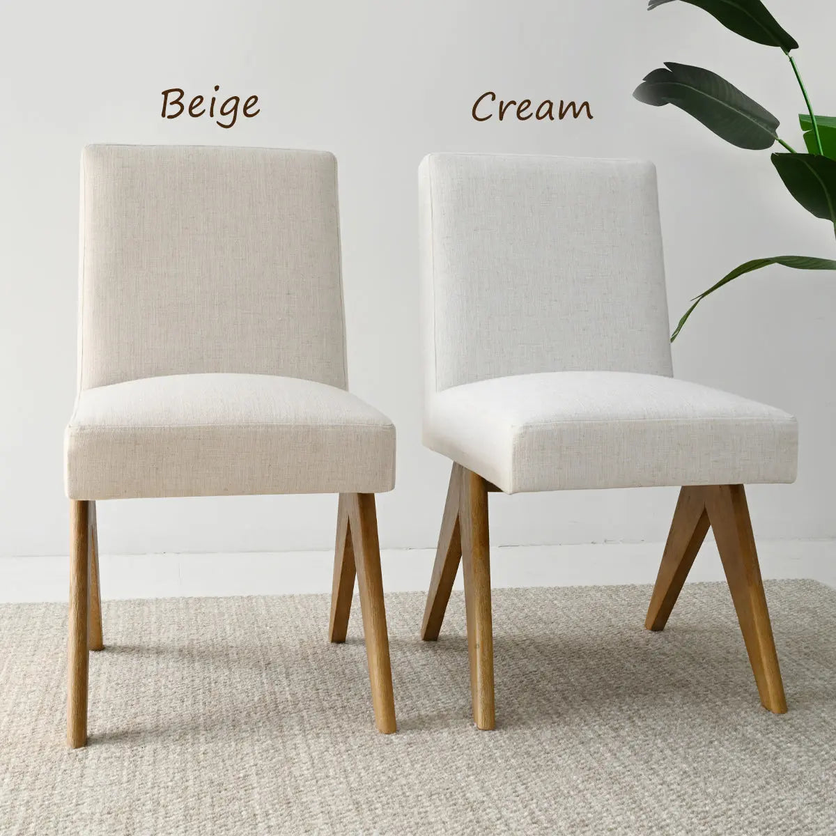 Orchid & Morgan dining chairs in beige and cream, oak legs, on beige textured flooring.