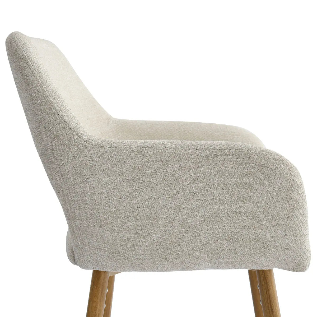 Atlanta Modern Upholstered Counter Stool with Arms, beige fabric, wooden legs, side view.