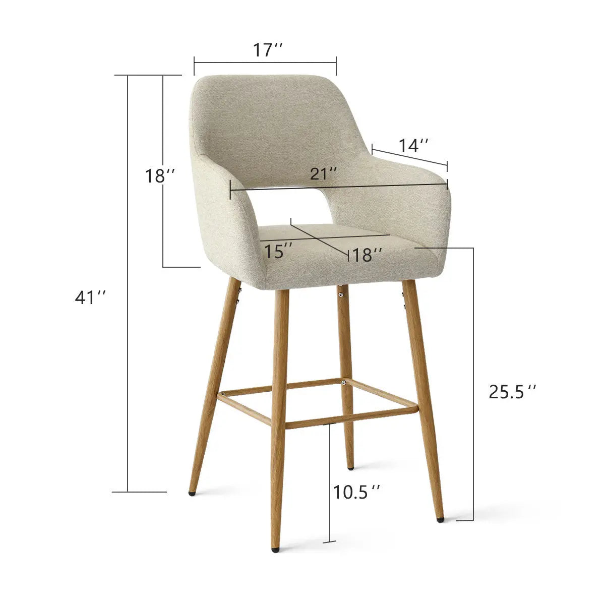 Atlanta Modern Upholstered Counter Stool with Arms dimensions, natural wood legs, light fabric upholstery.