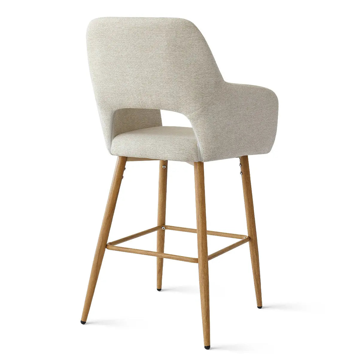 Atlanta Modern Upholstered Counter Stool with Arms, beige fabric, wooden legs, stylish seating furniture.