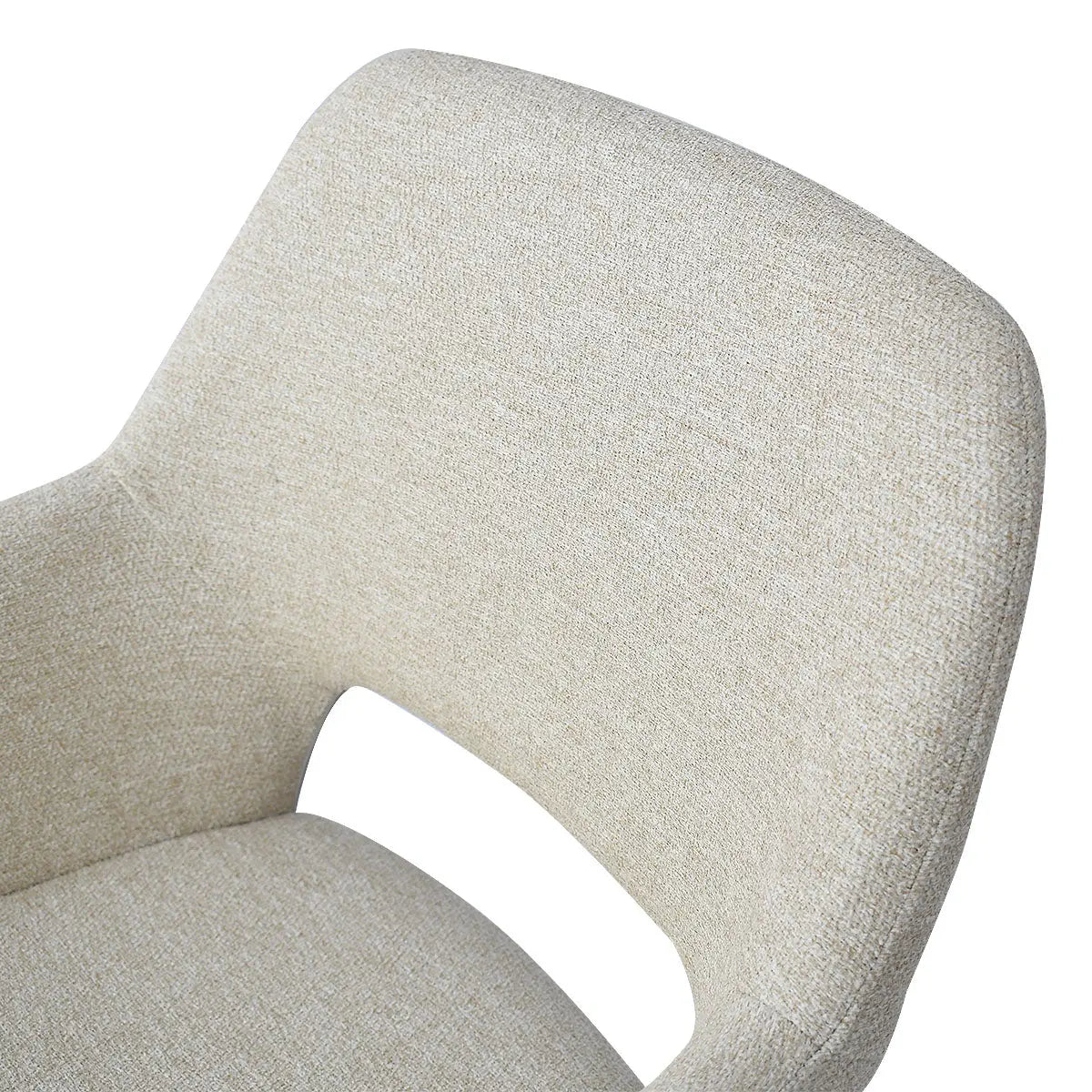 Atlanta Modern Upholstered Counter Stool detail view, featuring neutral fabric and ergonomic design with arms.