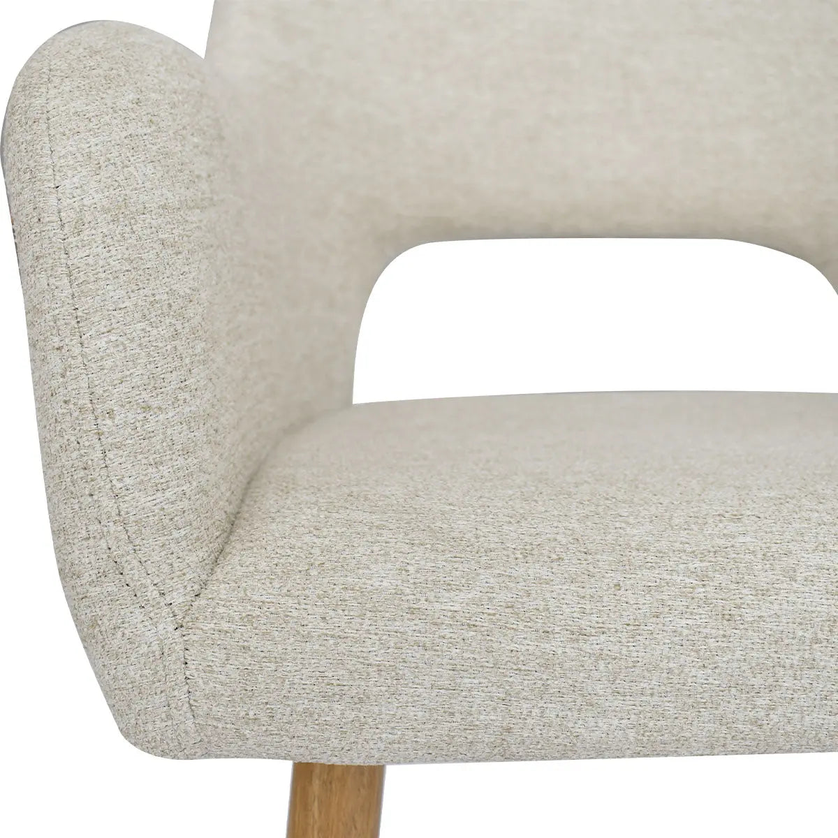 Close-up of beige Atlanta Modern Upholstered Counter Stool with Arms, fabric texture, and wooden legs.