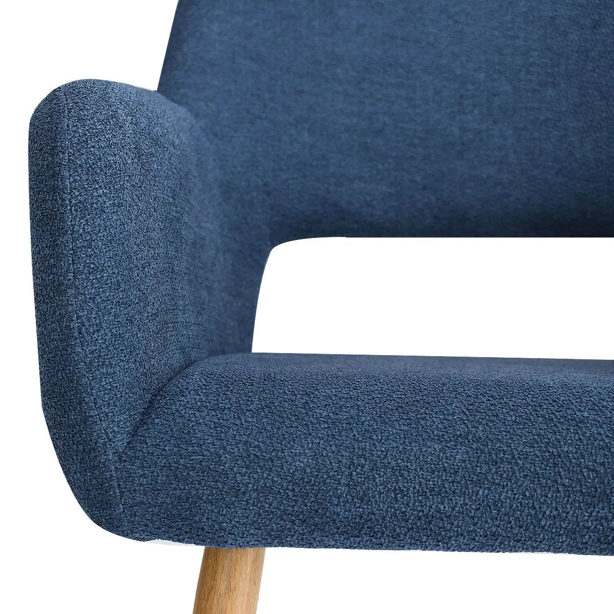 Atlanta Modern Upholstered Counter Stool with arms, blue fabric, wood legs, detailed close-up.