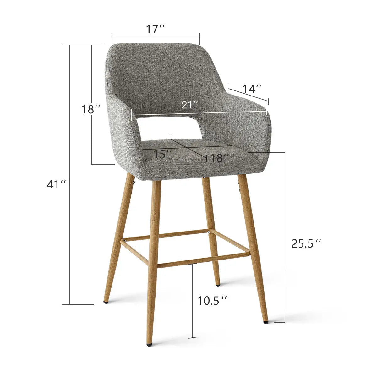 Atlanta Modern Upholstered Counter Stool with Arms shown dimensions; grey fabric, wooden legs, contemporary style.