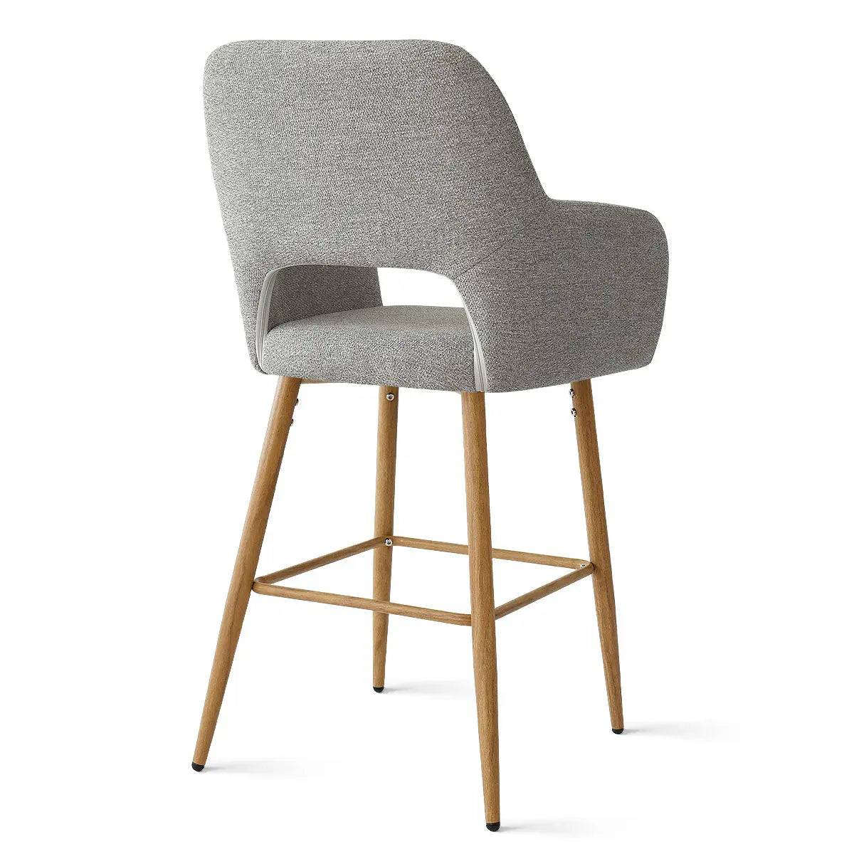 Atlanta Modern Upholstered Counter Stool with Arms, gray fabric, wooden legs, contemporary seating design.