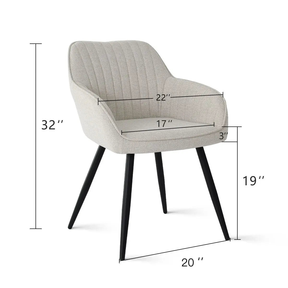 Boston Modern Upholstered Dining Chair with Arms, dimensions included, fabric upholstery, sleek black legs.