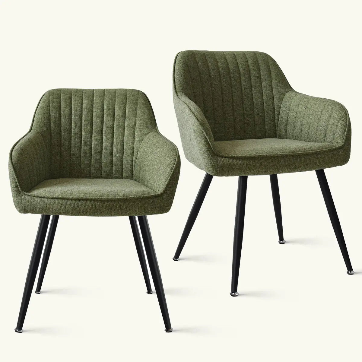 Green Boston Modern Upholstered Dining Chair with Arms, black legs, contemporary design, set of two.