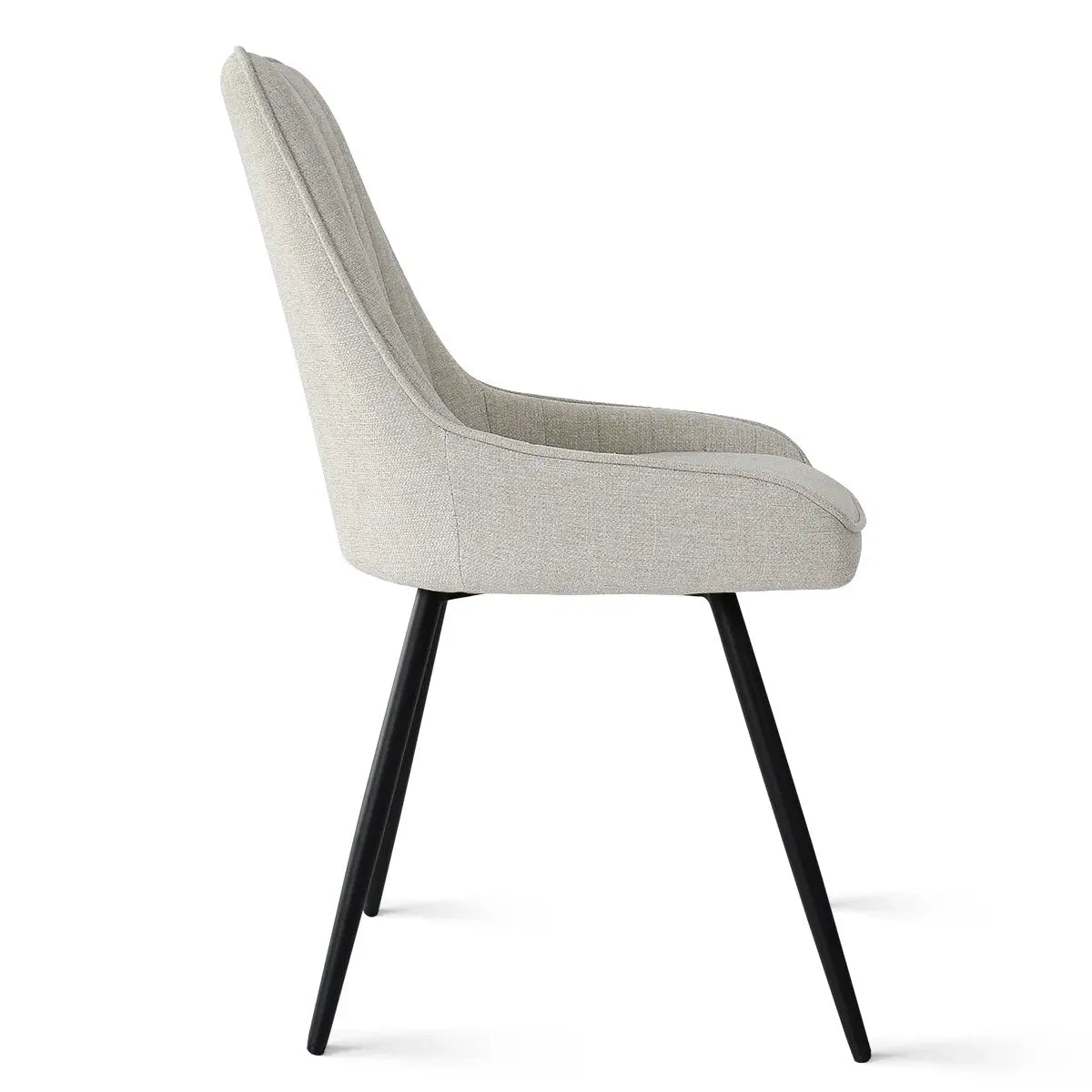 Boston Modern Upholstered Dining Chair side view, gray fabric, black legs, sleek minimalist design.