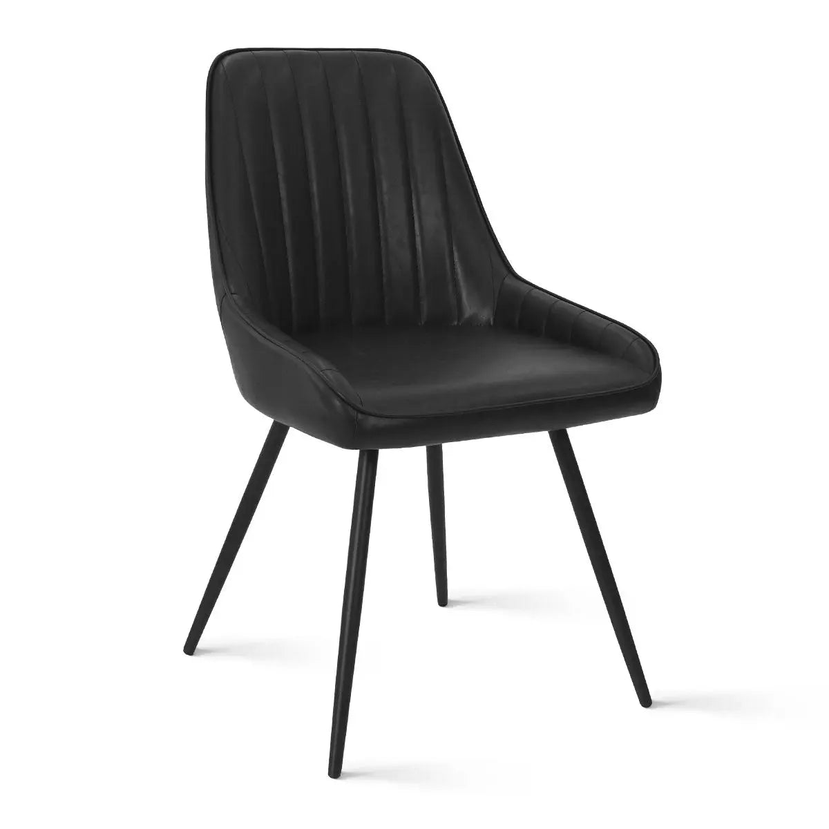 Boston Leather Upholstered Dining Chair, black finish, sleek design, metal legs, minimalist dining room.