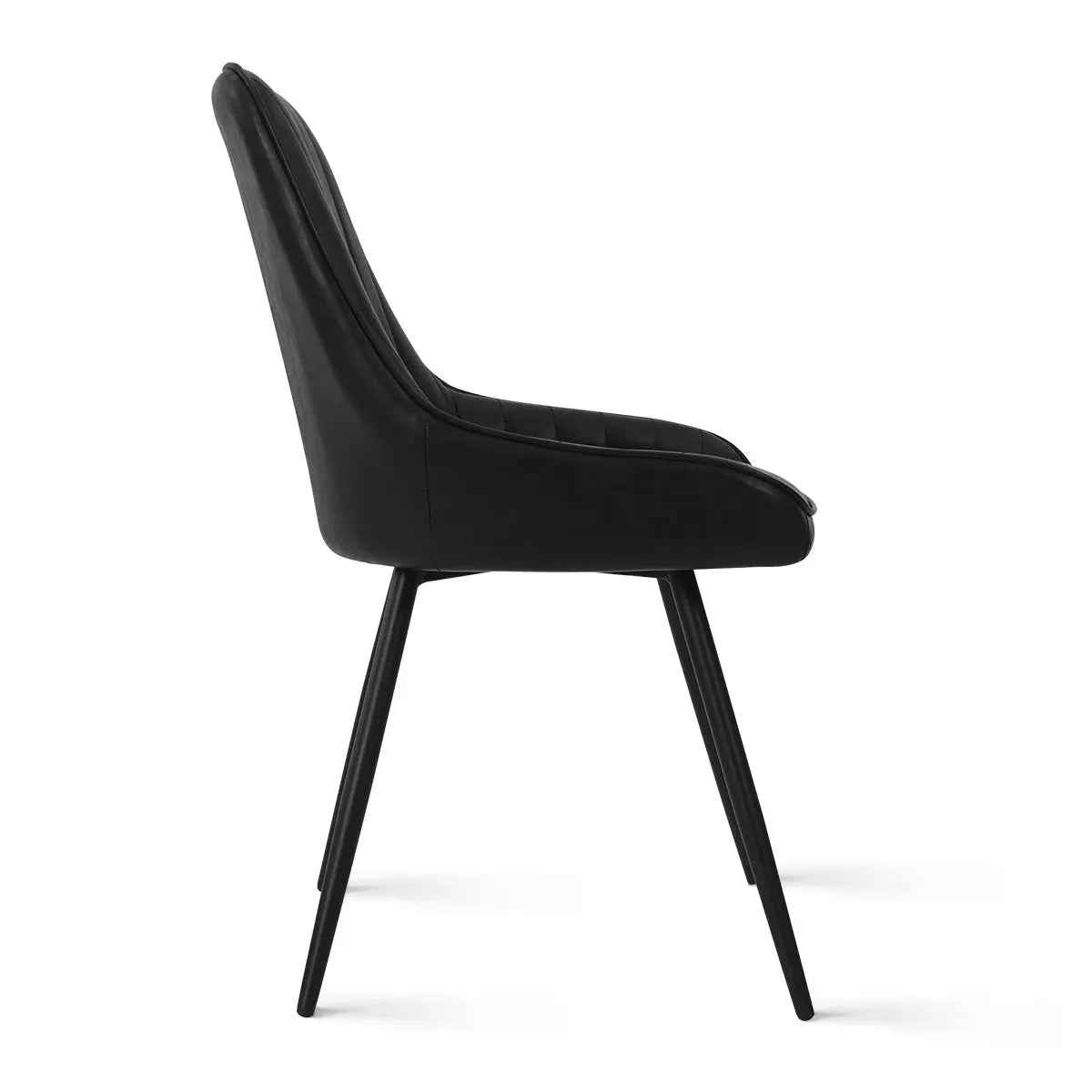 Boston black leather dining chair with sleek metal legs, side view, upholstered design.