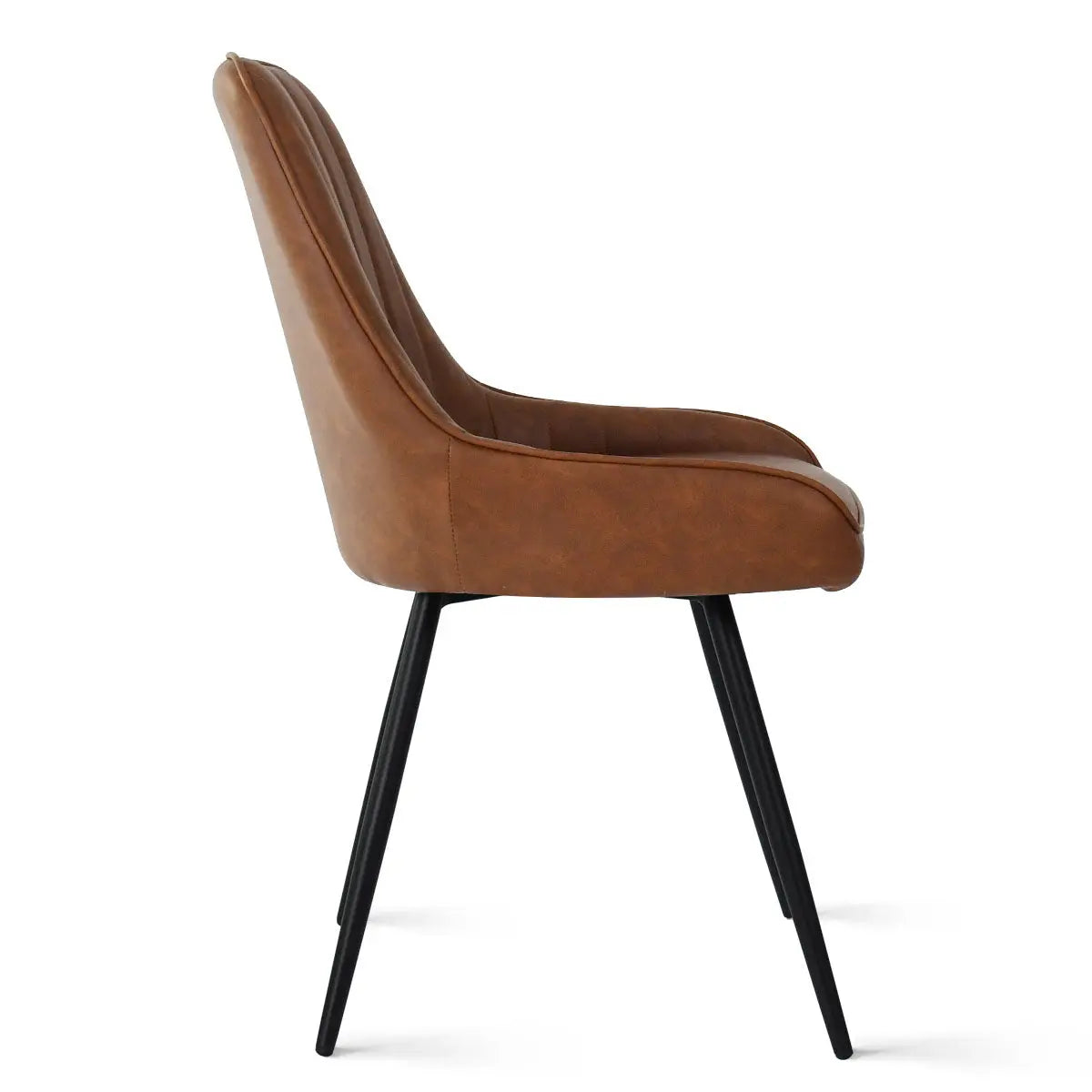 Boston Leather Upholstered Dining Chair in tan, black legs, side view, minimalist design, dining room.