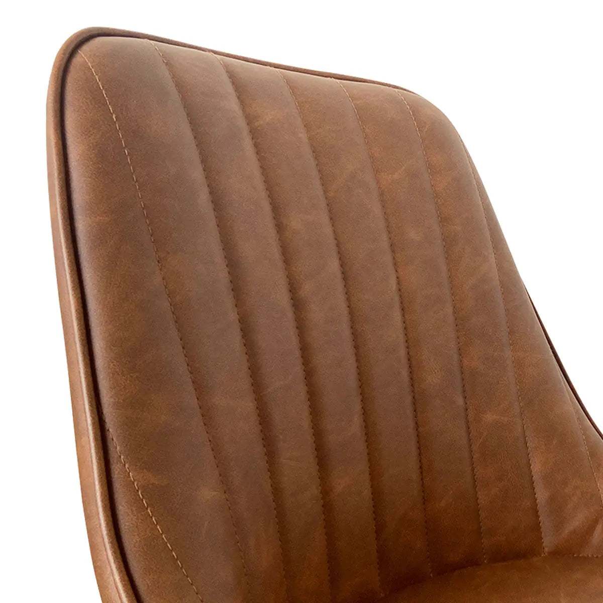 Close-up of Boston leather dining chair with brown upholstery and elegant vertical stitching design.