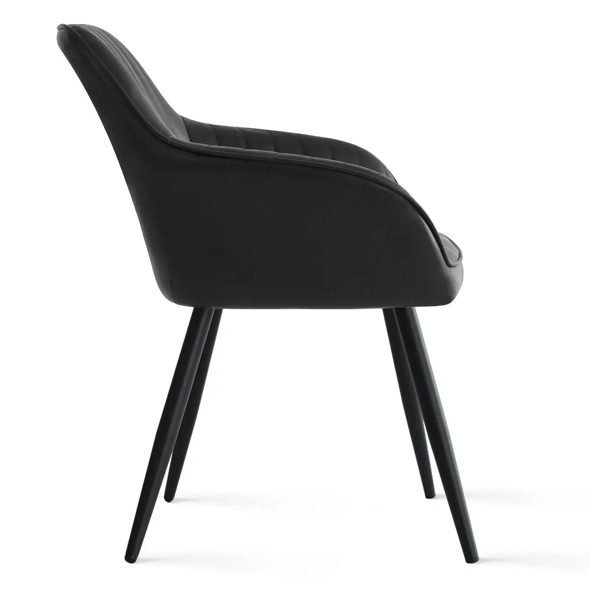 Side view of Boston Leather Upholstered Dining Chair with Arms, black legs; modern design.