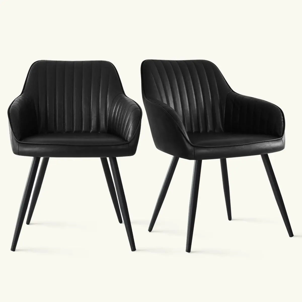 Pair of black Boston Faux Leather Dining Chairs with arms, featuring sleek design and modern style.