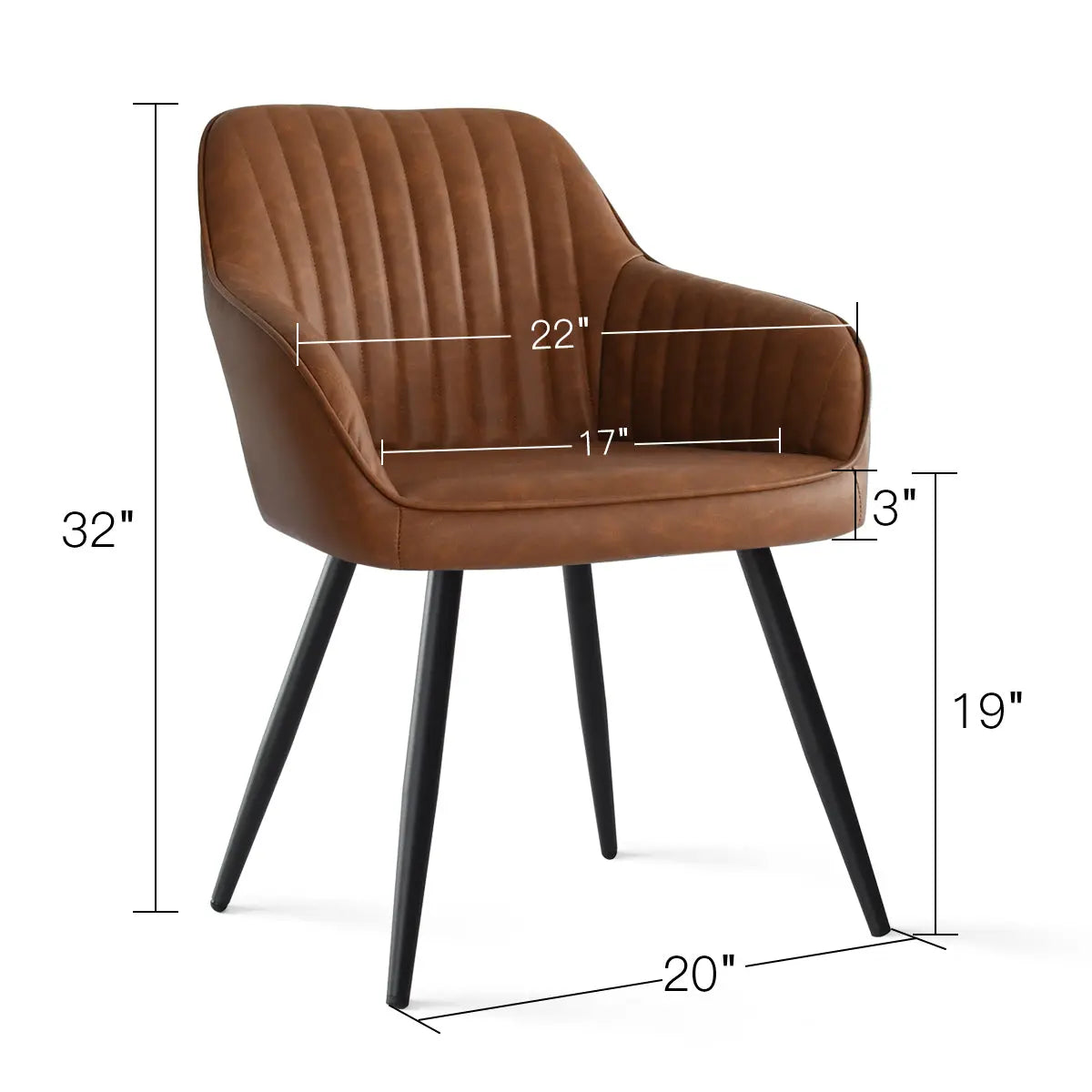 Brown Boston leather dining chair with arms, modern legs, dimensions shown, ideal for contemporary rooms.