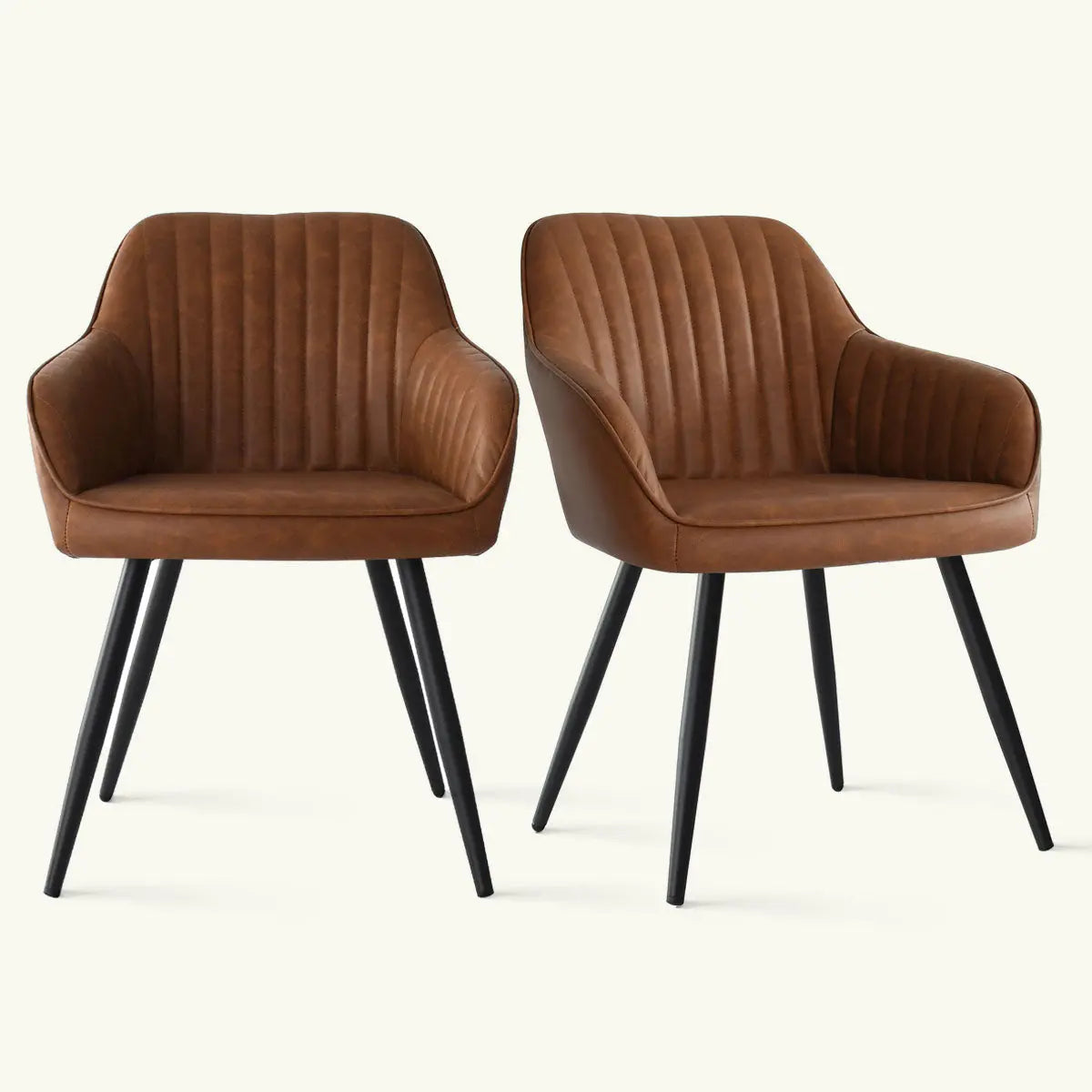 Set of two leather dining chairs with arms, featuring black legs, brown upholstery, minimalist style.