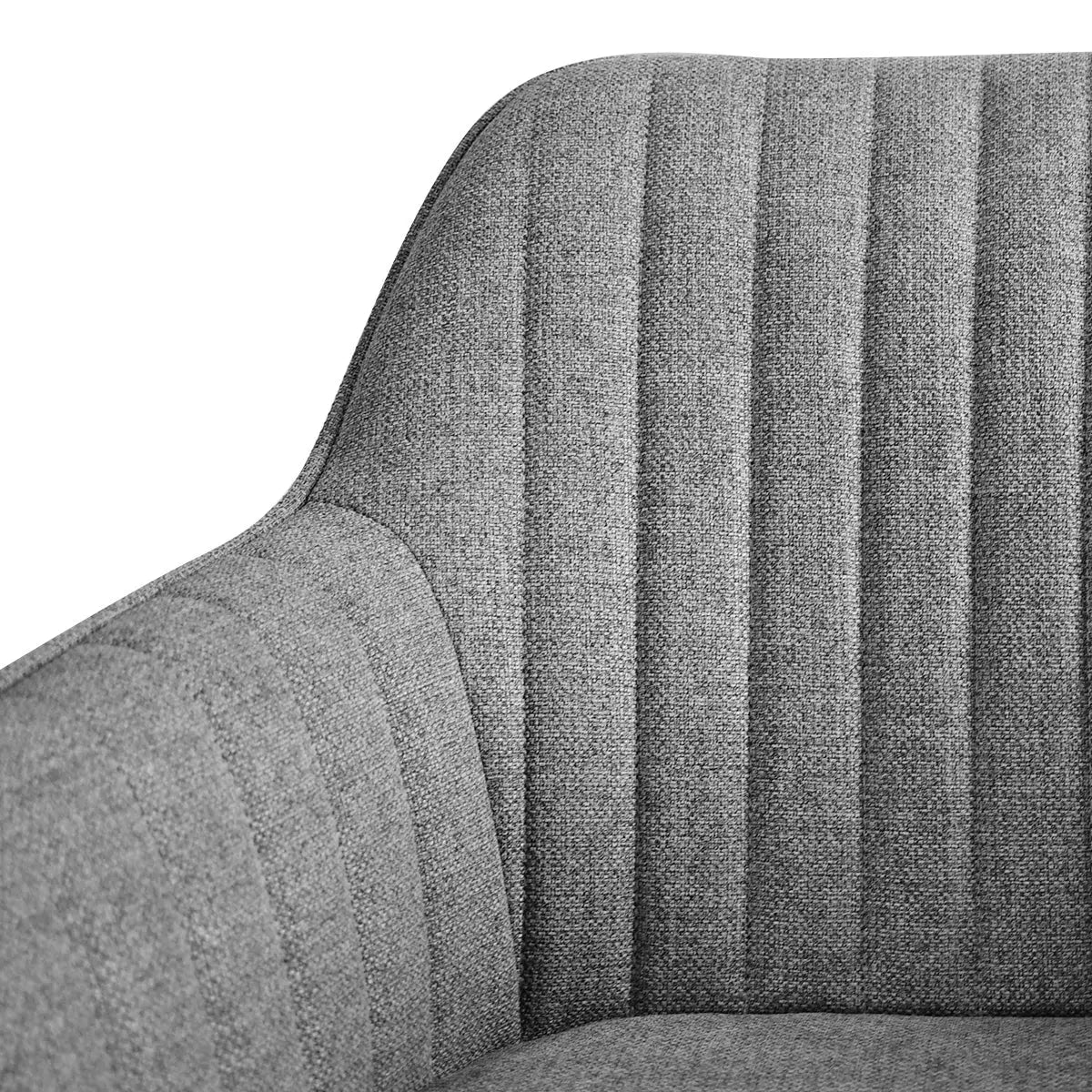 Close-up of Boston Modern Upholstered Dining Chair with Arms showcasing grey fabric texture and stitching.