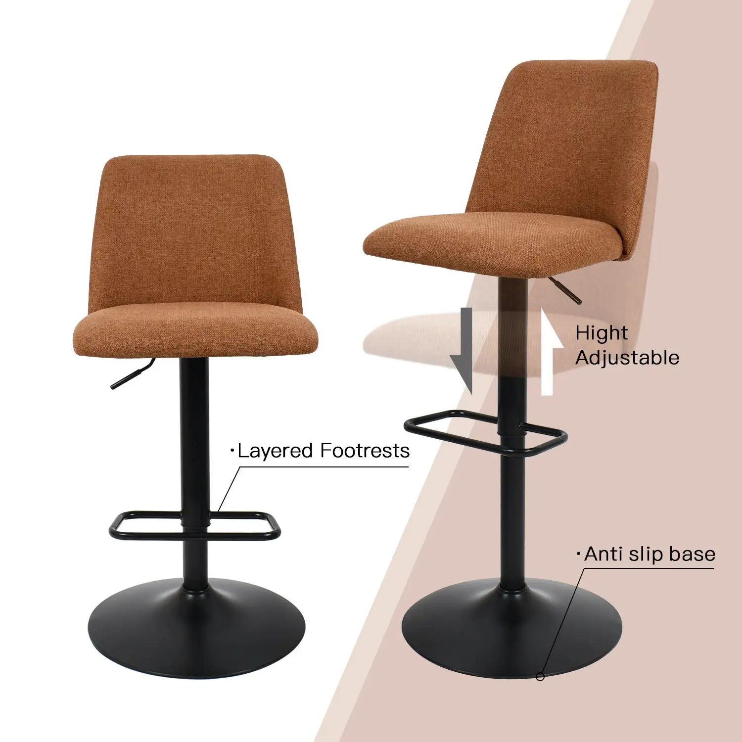 Bruno Modern Upholstered Swivel Adjustable Stool with layered footrests and anti-slip base, dimension included.