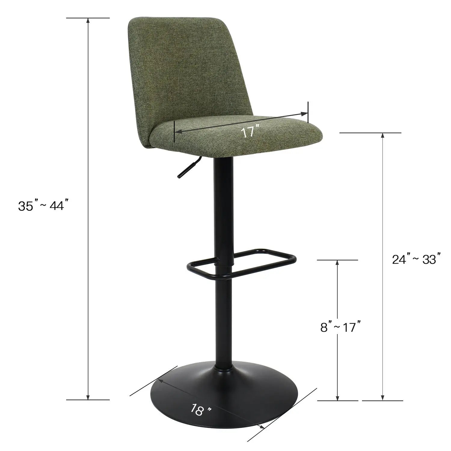 Bruno Modern Upholstered Swivel Adjustable Stool dimensions, green fabric, black base for modern kitchens.