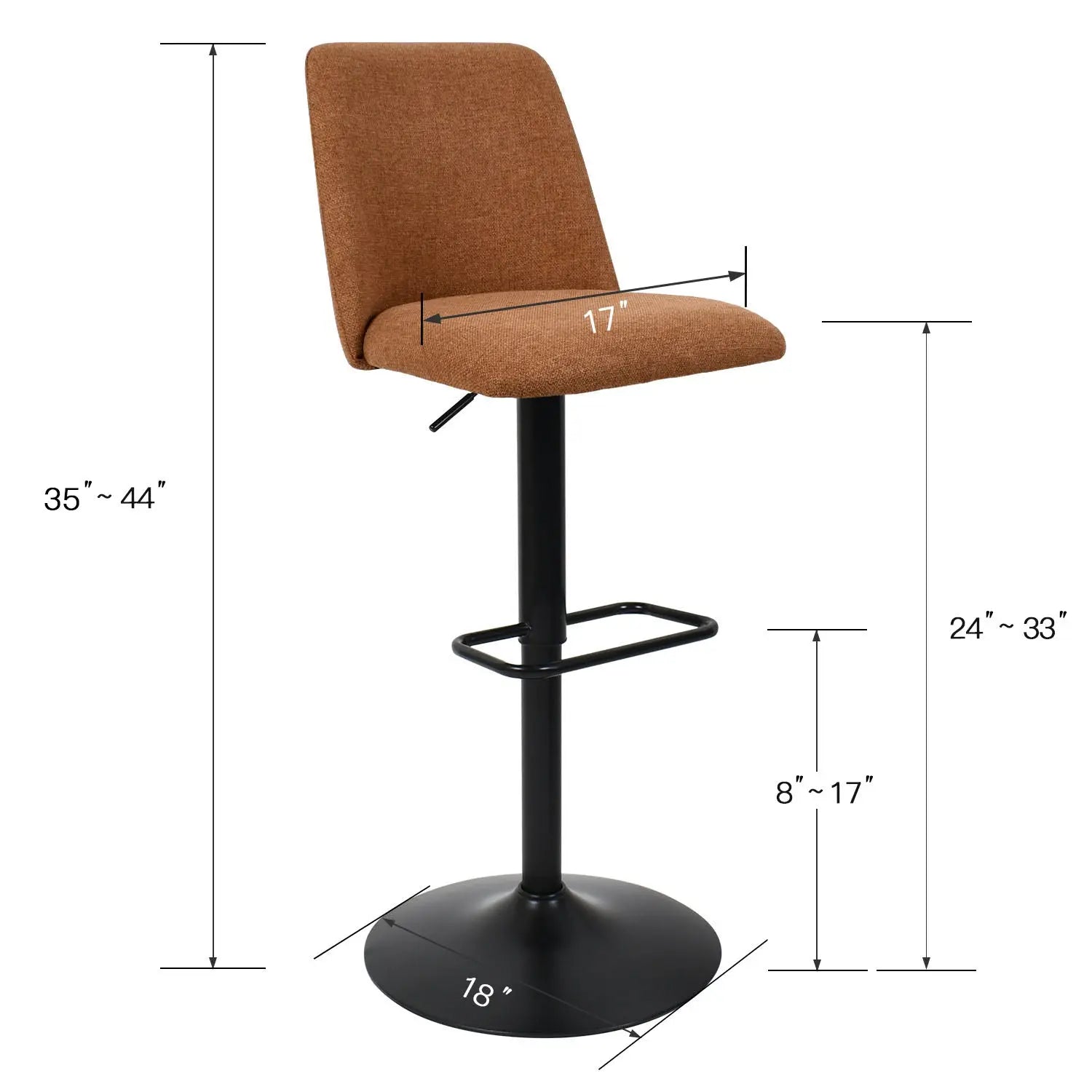 Dimensions of Bruno stool with brown upholstery.