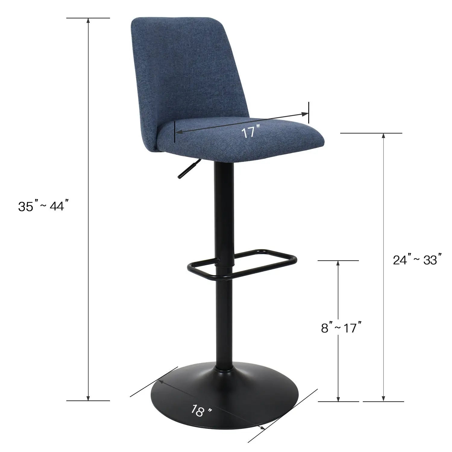 Bruno Modern Upholstered Swivel Adjustable Stool with dimensions; sleek design with blue upholstery.