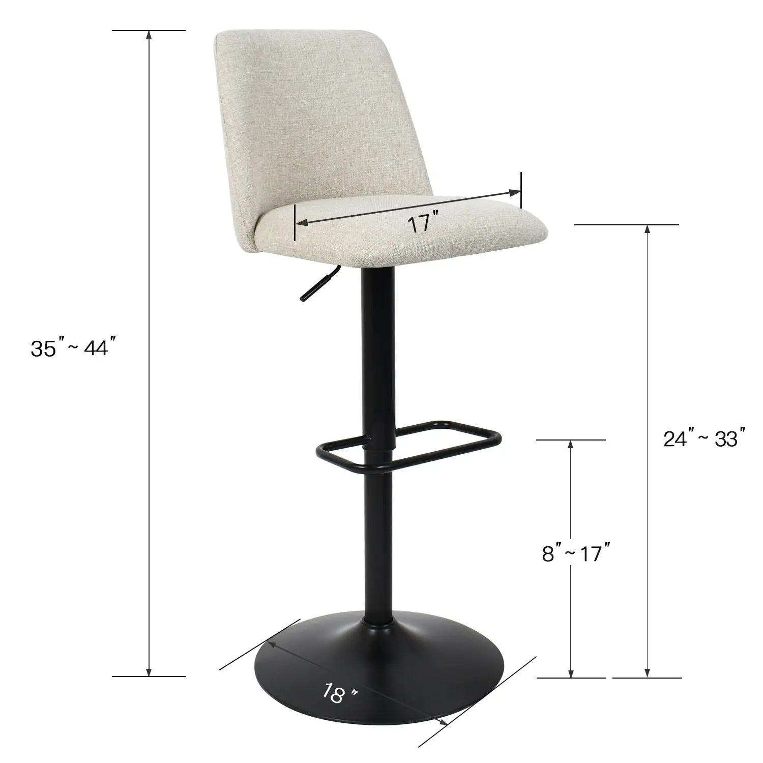 Bruno Modern Upholstered Swivel Adjustable Stool with dimensions; sleek black base; neutral upholstery.