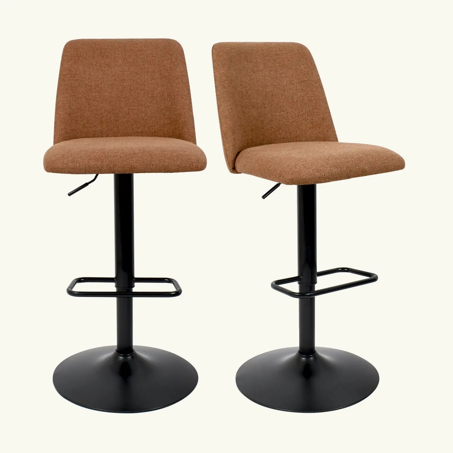 Bruno Modern Upholstered Swivel Stool, brown fabric, adjustable height, black metal base, contemporary design.