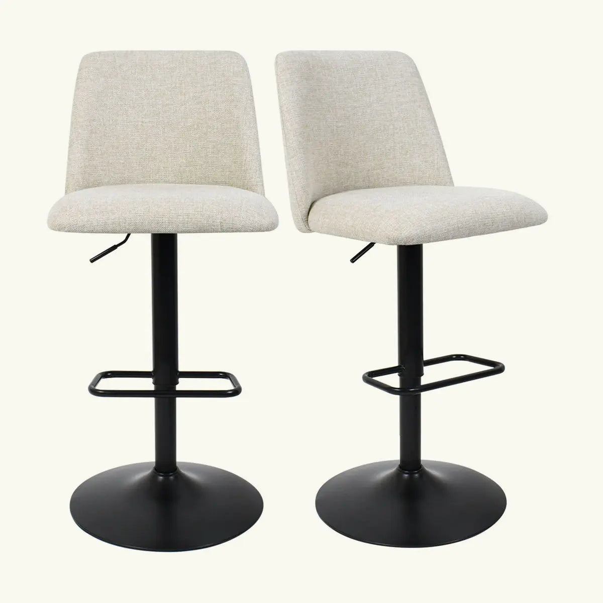 Bruno Modern Upholstered Swivel Adjustable Stool, neutral fabric, black base, contemporary seating pair.