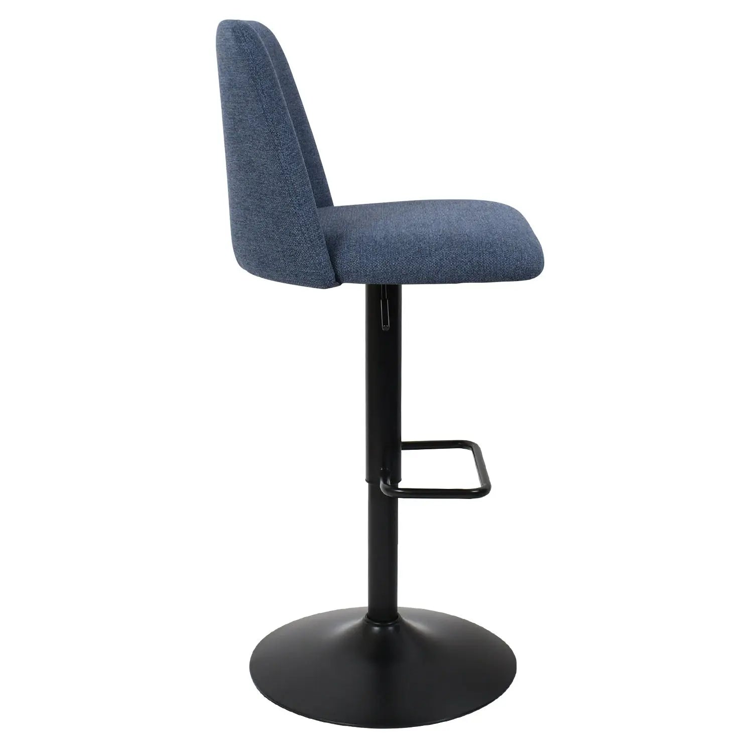 Bruno Modern Upholstered Swivel Adjustable Stool, blue seat, black base, side view.