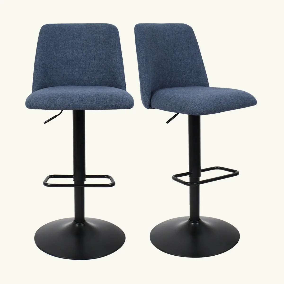 Bruno Modern Upholstered Swivel Adjustable Stools in blue, featuring sleek black bases.