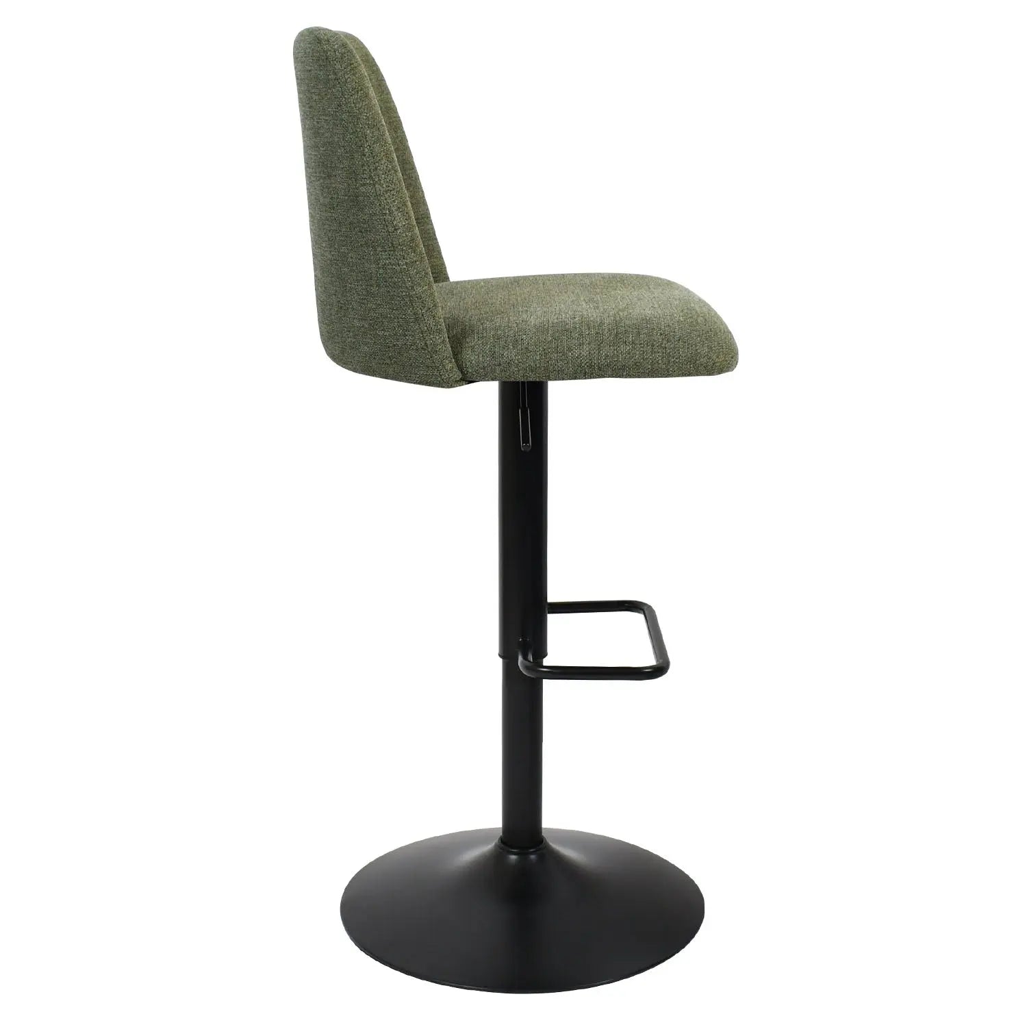 Bruno Modern Upholstered Swivel Adjustable Stool, side view, green fabric, black base.