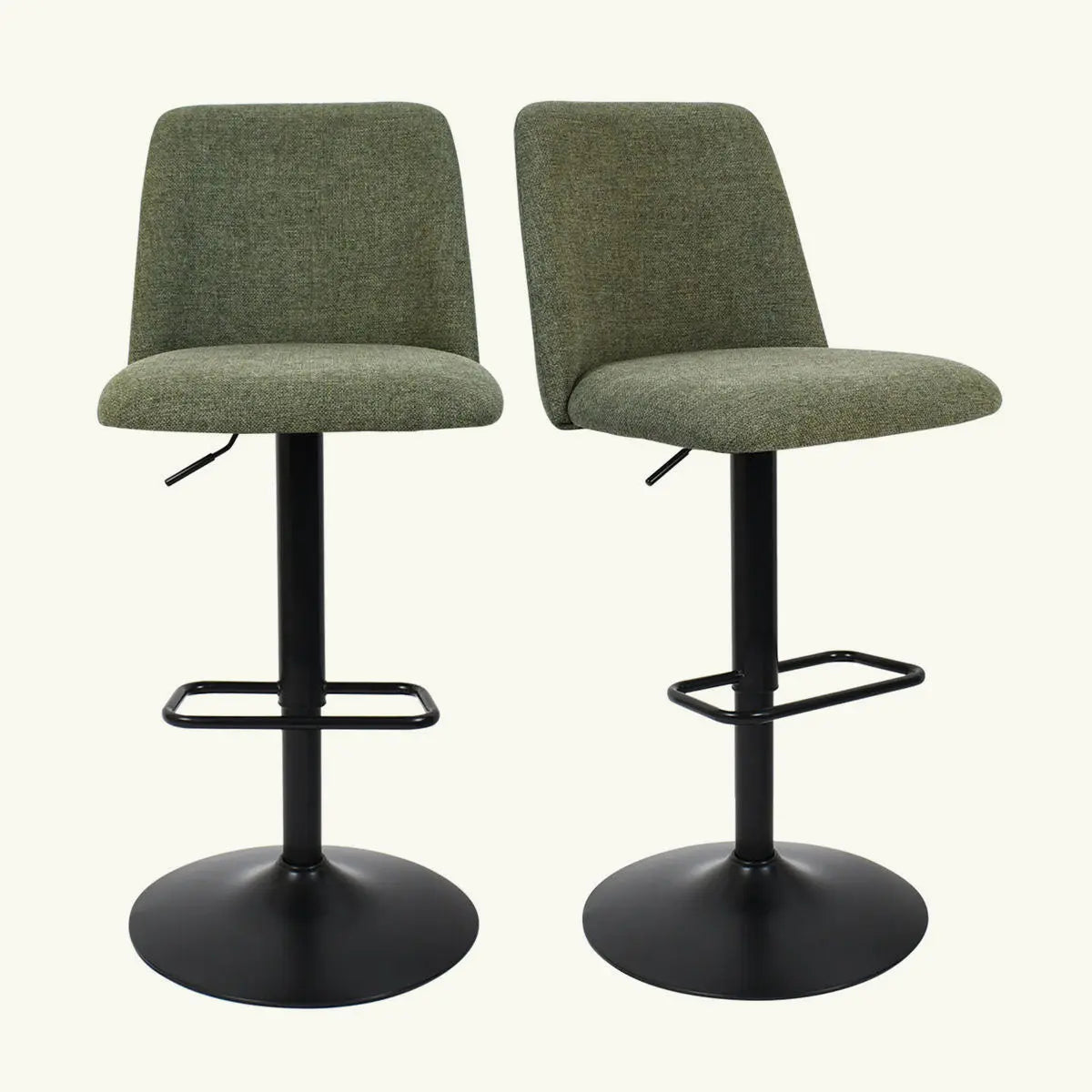 Bruno Modern Upholstered Swivel Stools, set of 2, green fabric, black metal base, adjustable height.