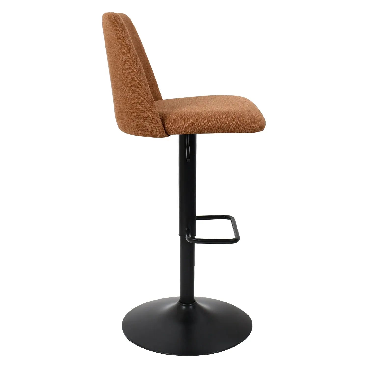 Bruno Modern Upholstered Swivel Adjustable Stool, textured brown fabric, black base, side view.