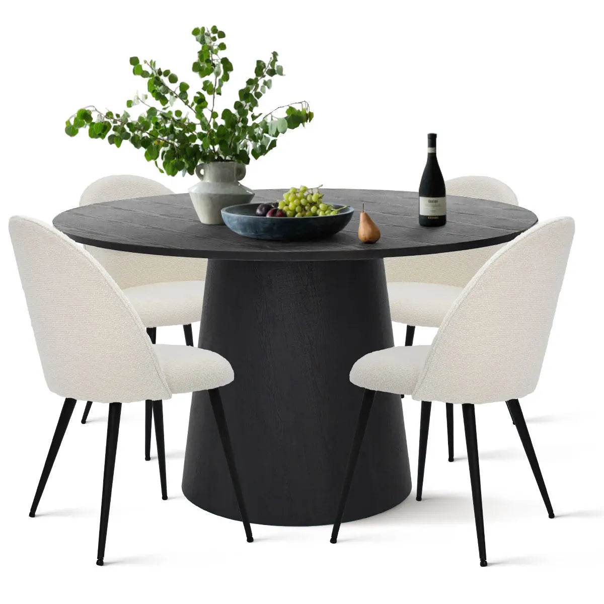 Dwen & Rhon round pedestal dining set with white chairs; modern, minimalist style furnishings.