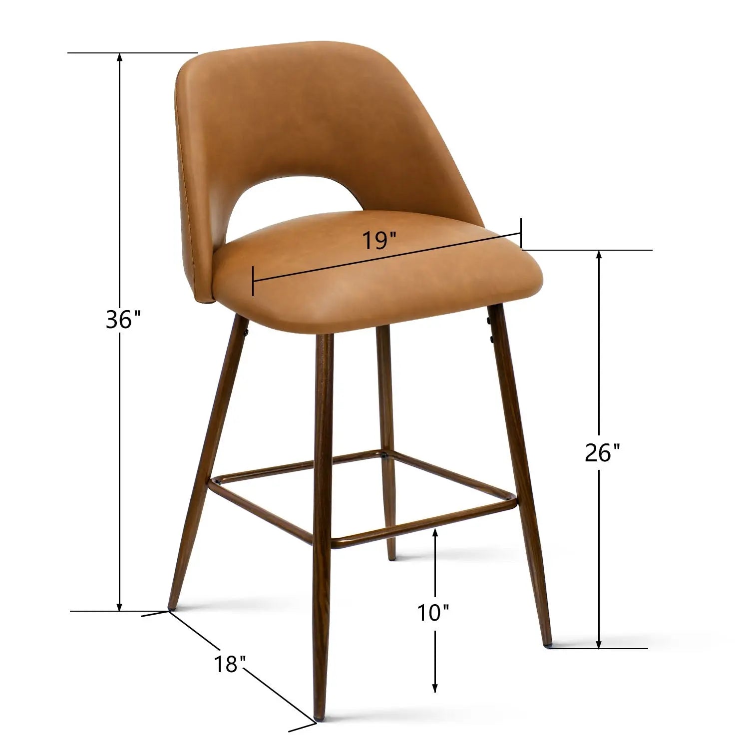 Edwin Leather Counter Stool dimensions: 36" height, 19" width, 26" seat height, brown finish.