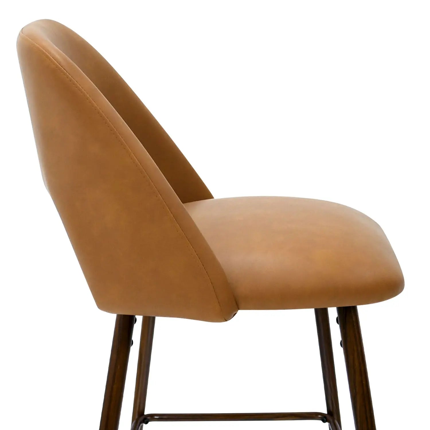 Edwin Modern Leather Counter Stool, tan leather, dark wooden legs, side view, no background.