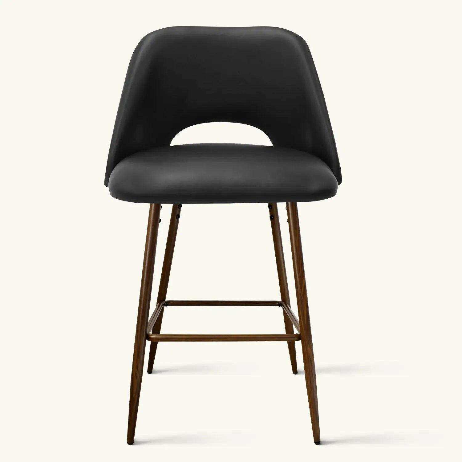 Edwin Modern Leather Counter Stool with dark seat, wooden legs, armless design, neutral background.