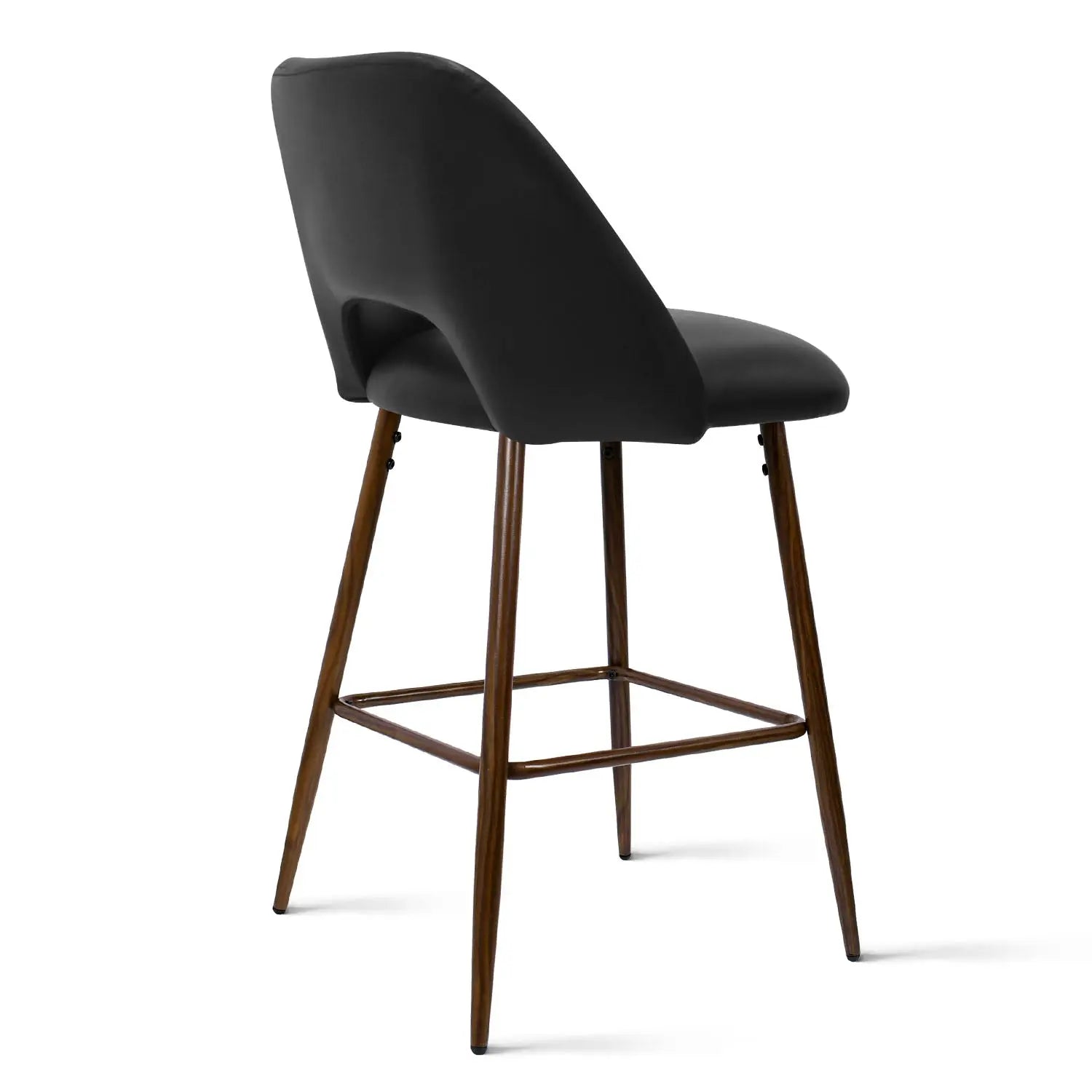 Edwin Modern Leather Counter Stool with wooden legs, black leather seat, sleek modern design.