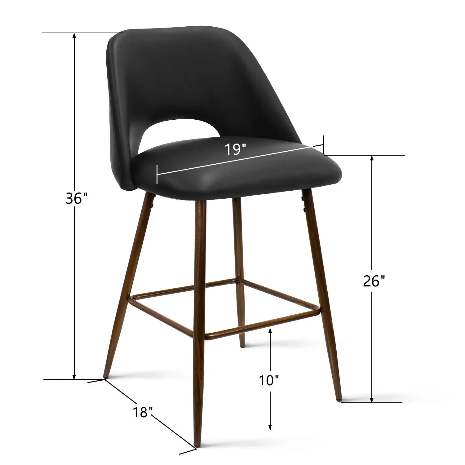 Edwin leather counter stool with dimensions; dark wooden legs, modern style seating furniture piece.