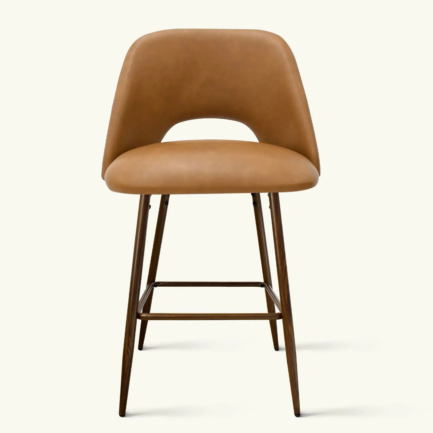 Edwin Modern Leather Counter Stool with brown leather seat and wooden legs in minimalist design.