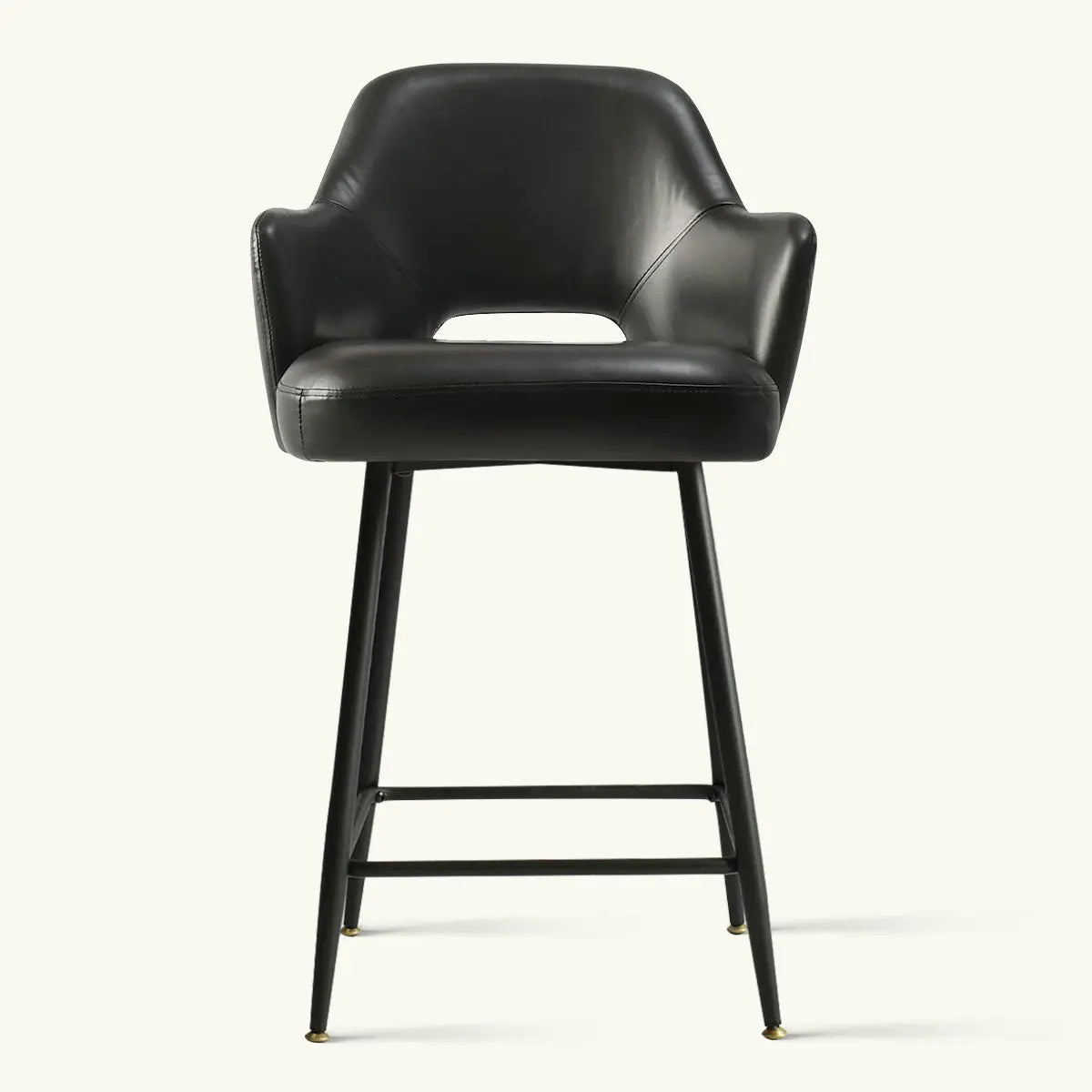 Black leather Edward counter stool with arms, sleek design, perfect for kitchen or bar seating.