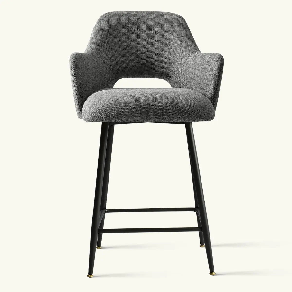 Edwin Modern Upholstered Counter Stool with Arms, gray fabric, black legs, contemporary seating design.