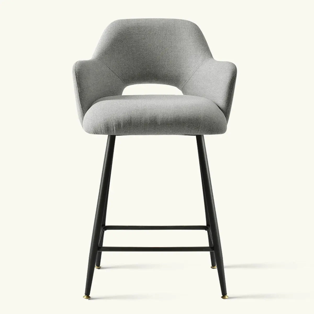 Edwin Modern Upholstered Counter Stool with Arms in gray, black metal legs, minimalist design.