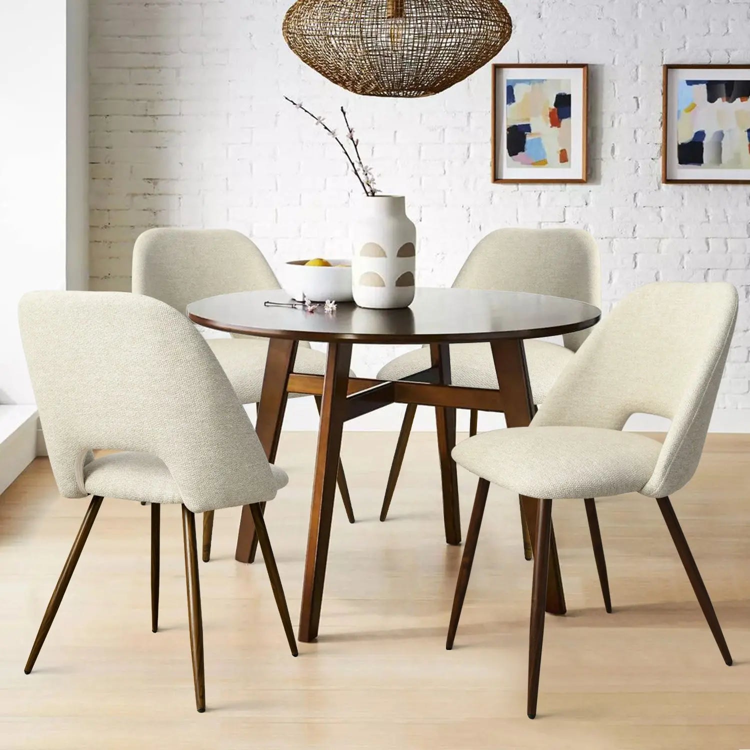 Edwin Modern Boucle Dining Chair set with wooden table, white brick wall, and light wood flooring.