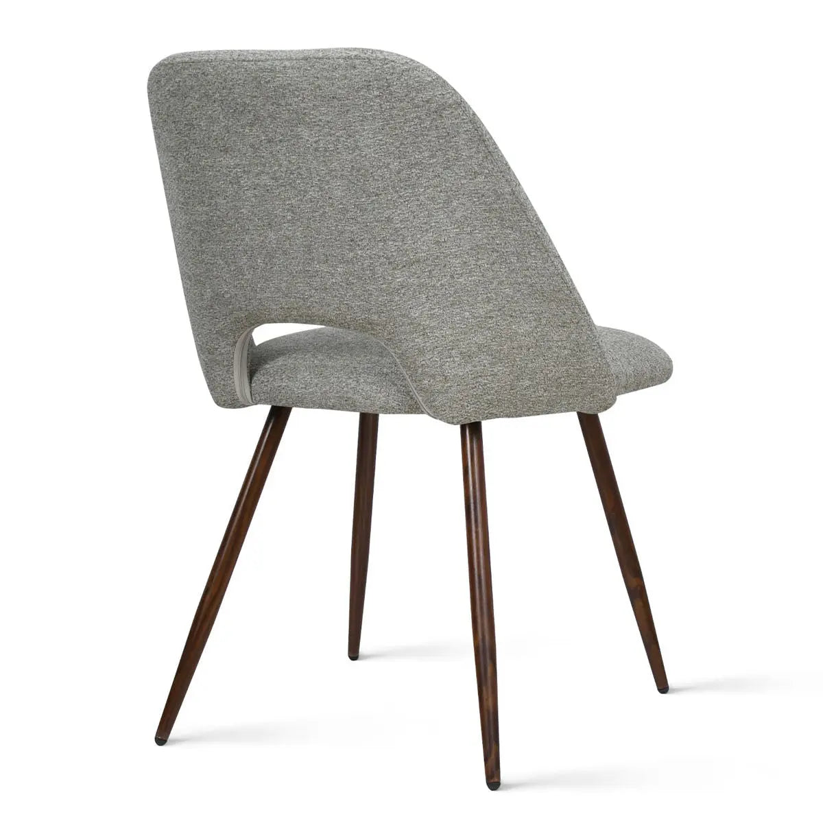 Edwin brand boucle dining chair with dark wood legs on plain background, modern upholstery style.