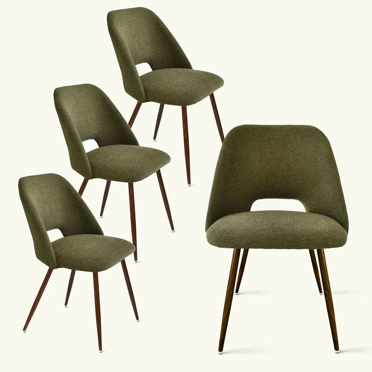 Set of four Edwin Dining Chairs, green boucle upholstery, walnut legs, modern style.