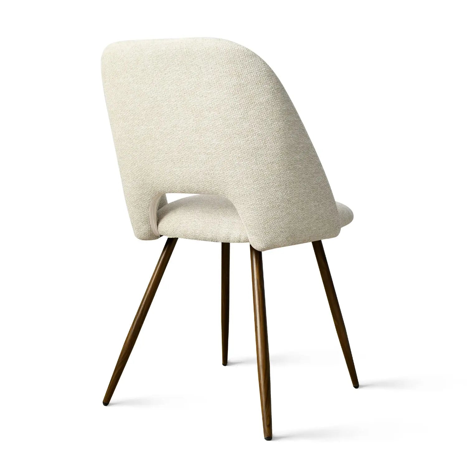 Edwin Modern Boucle Upholstered Dining Chair with wood legs, side view, no background.