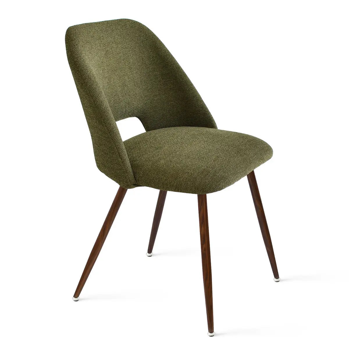 Edwin Modern Boucle Upholstered Dining Chair with wooden legs, green fabric upholstery, minimalist design.