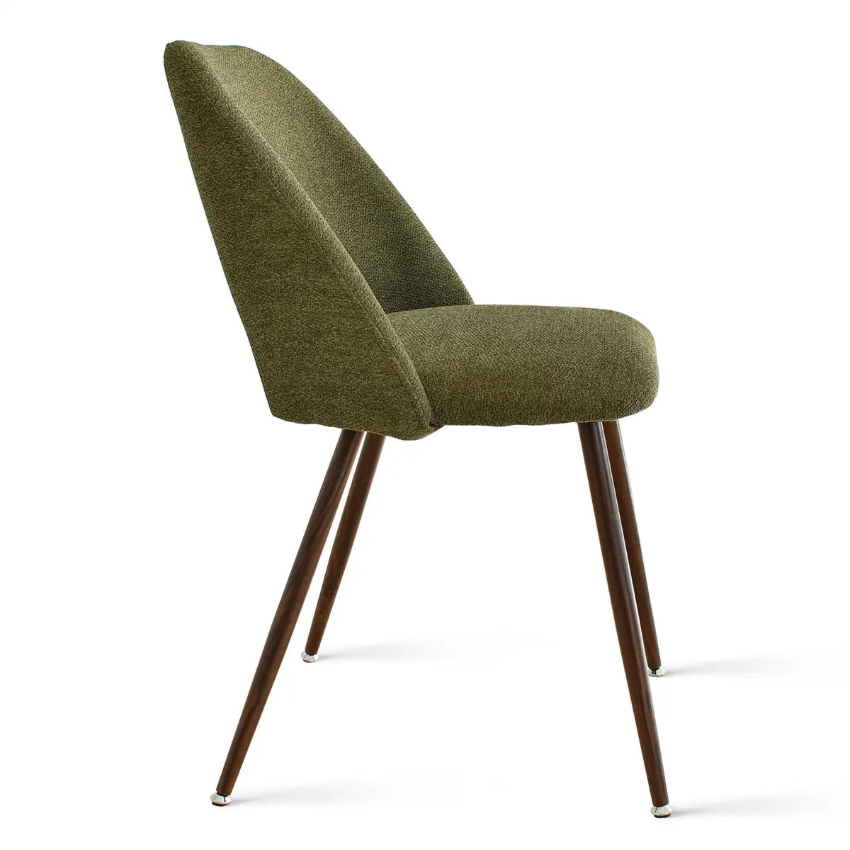 Edwin Modern Boucle Dining Chair with brown legs; perfect for contemporary dining setups.