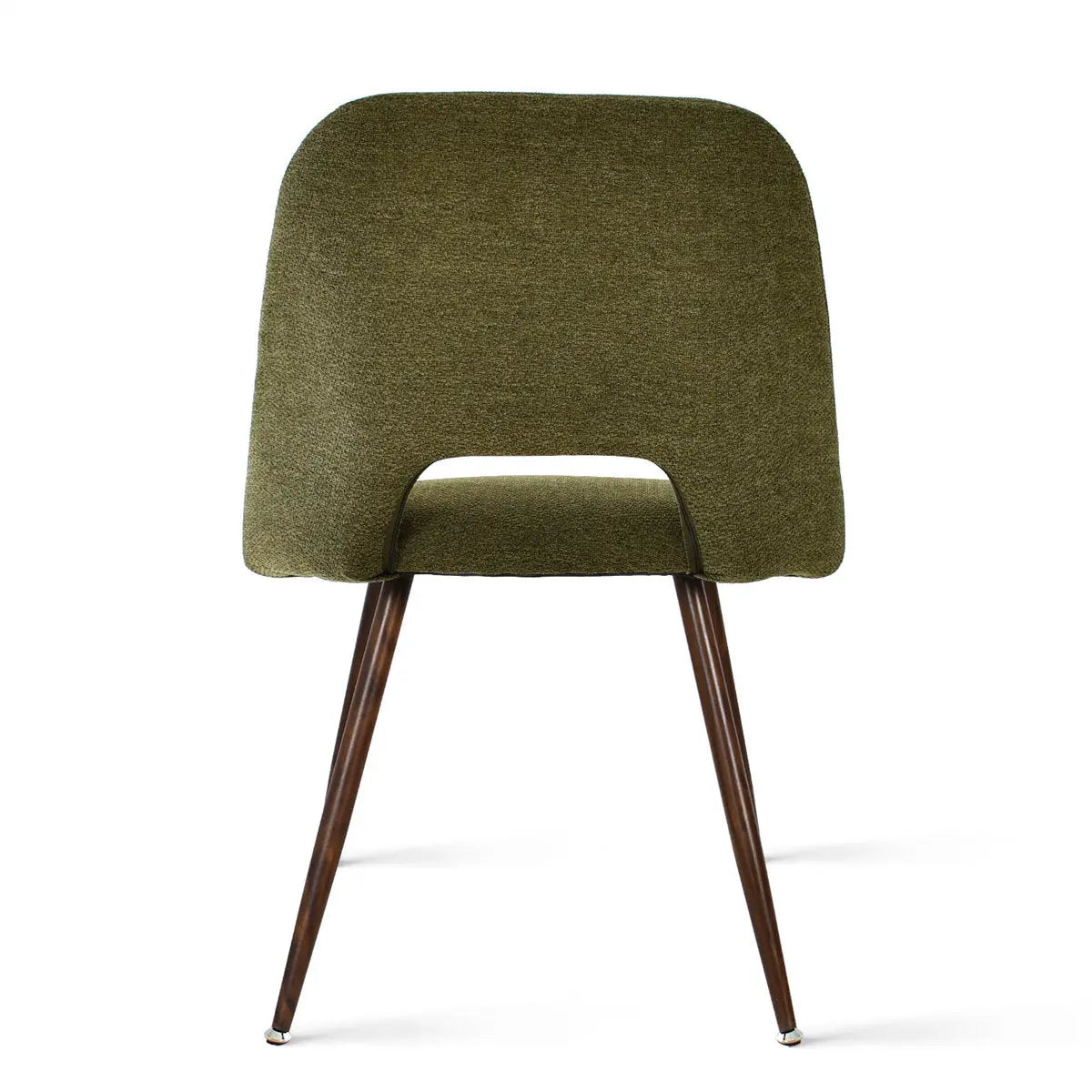 Edwin Modern Dining Chair rear view in green boucle upholstery and wooden legs.